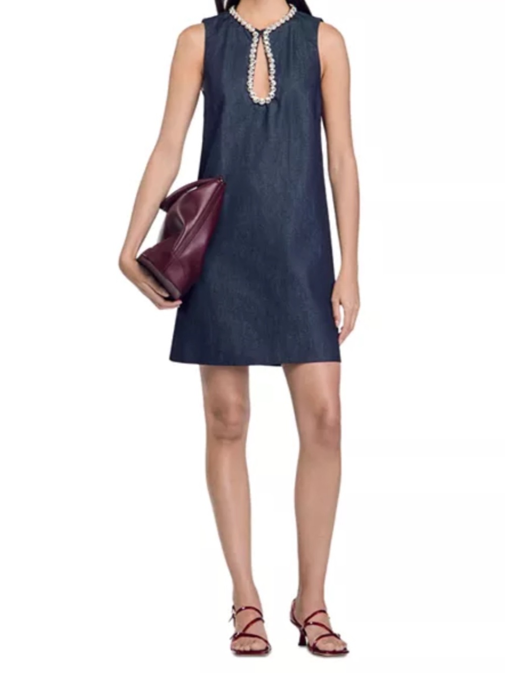 NWT Sandro Twiggy Embellished Denim Mini Dress With jewels retail$415 Size Small